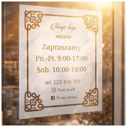Naklejka z folii szronionej, mrożonej Godziny otwarcia Twoja nazwa logo na drzwi witrynę